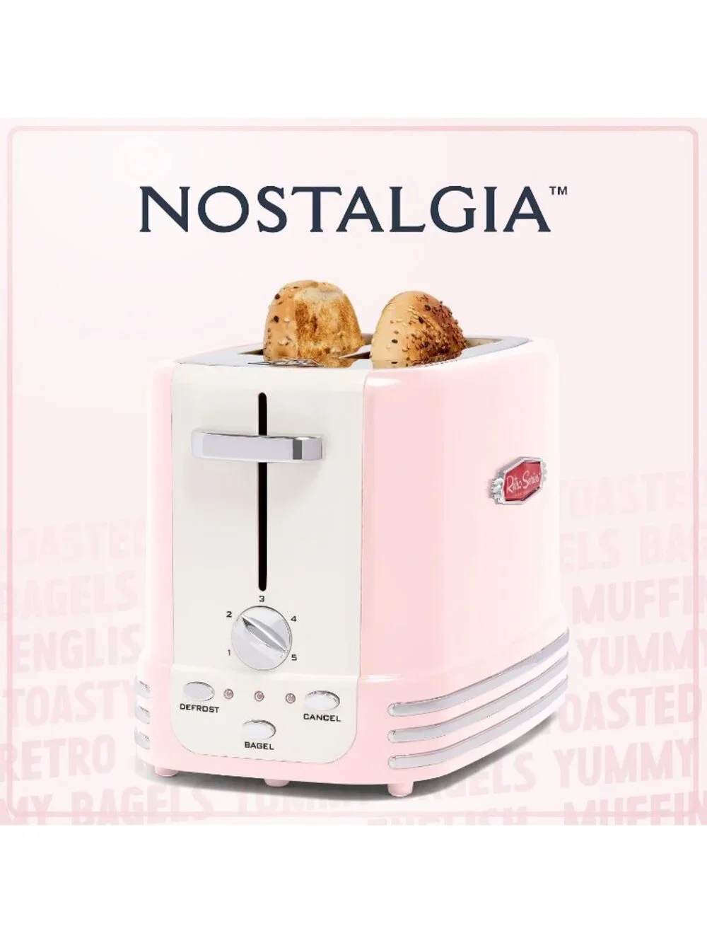 Retro Wide 2-Slice Pink Vintage Design With Crumb Stainless Steel Tray Toaster